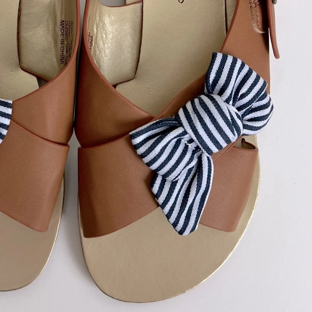 Joyfolie | Striped Bow Criss Cross Sandal Brown With Navy White Bow | Girls 2.